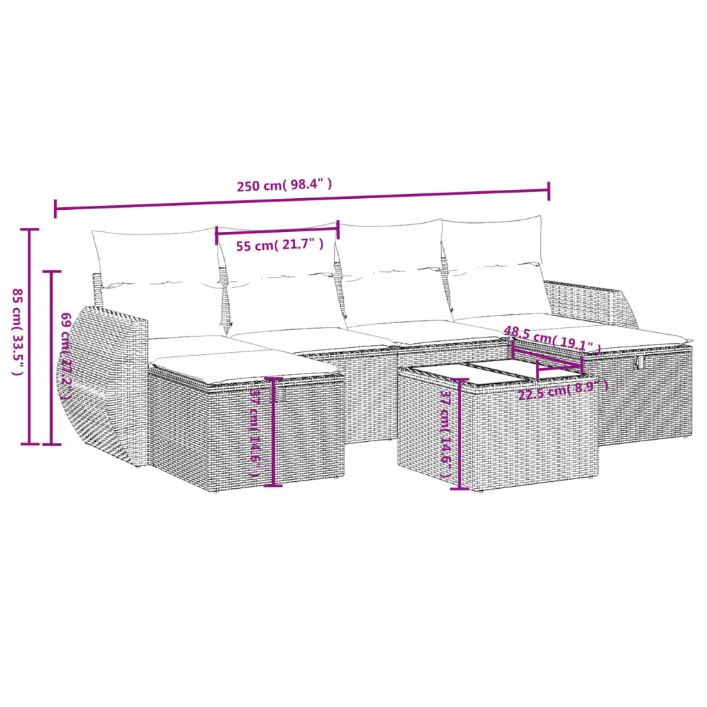 6-delige Loungeset met kussens poly rattan bruin