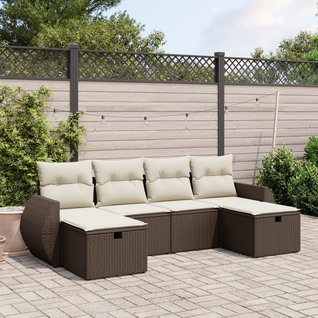 6-delige Loungeset met kussens poly rattan bruin