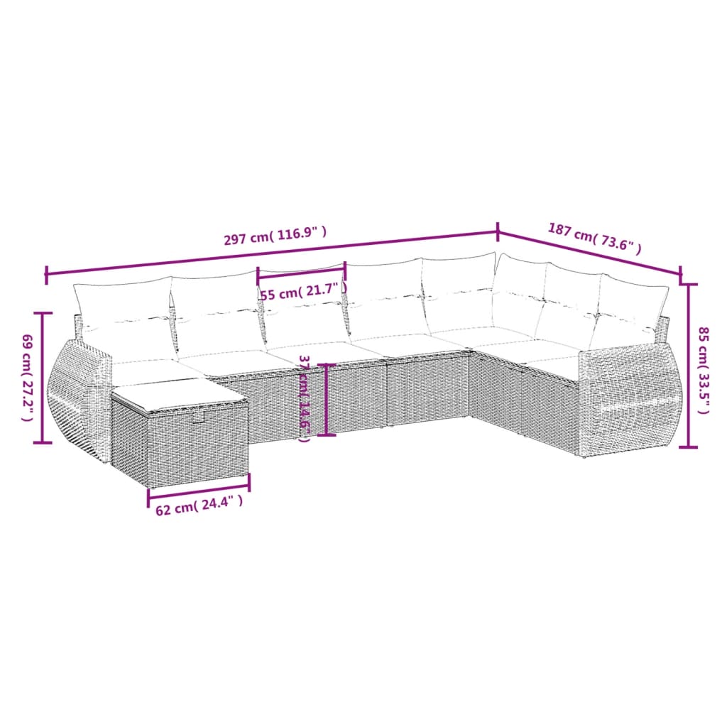 8-delige Loungeset met kussens poly rattan bruin