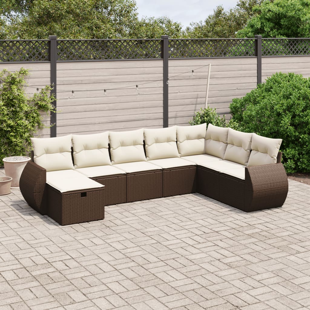 8-delige Loungeset met kussens poly rattan bruin