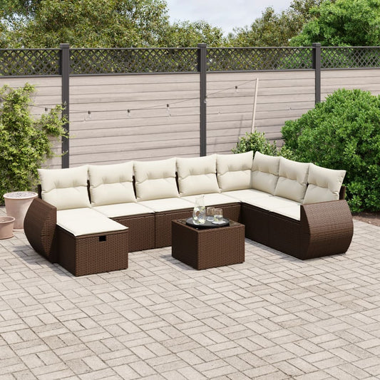 9-delige Loungeset met kussens poly rattan bruin