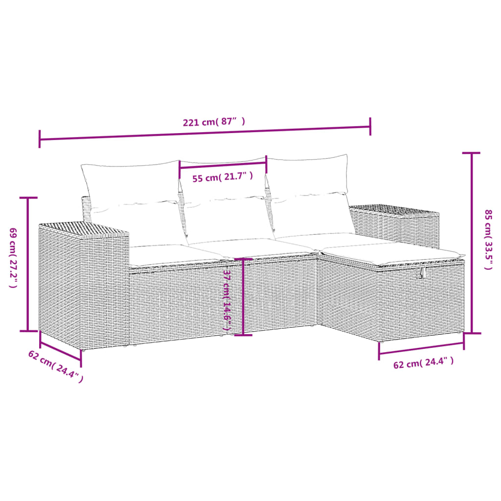 4-delige Loungeset met kussens poly rattan bruin