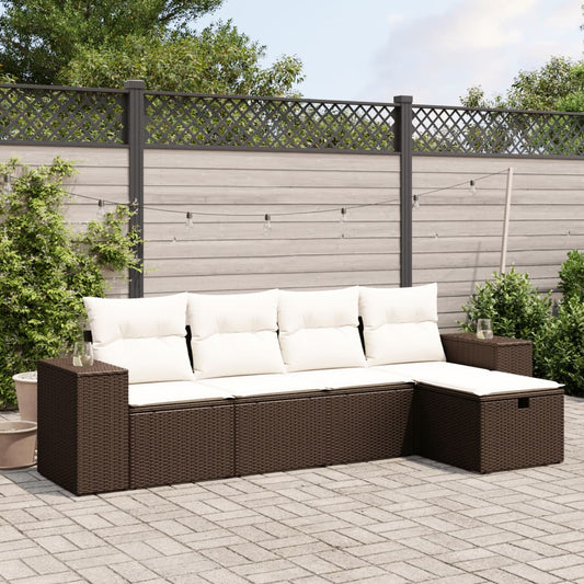 5-delige Loungeset met kussens poly rattan bruin