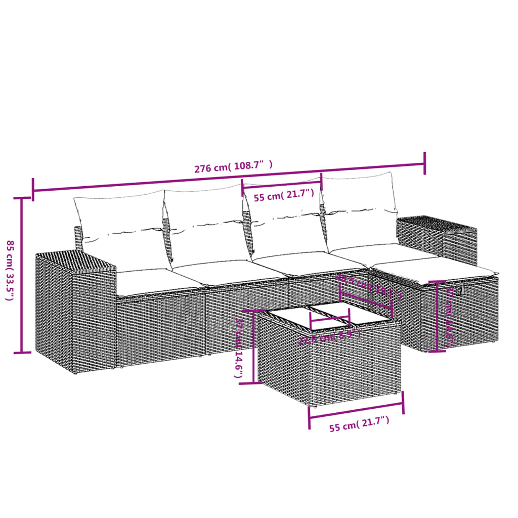 6-delige Loungeset met kussens poly rattan zwart Tuinsets | Creëer jouw Trendy Thuis | Gratis bezorgd & Retour | Trendy.nl