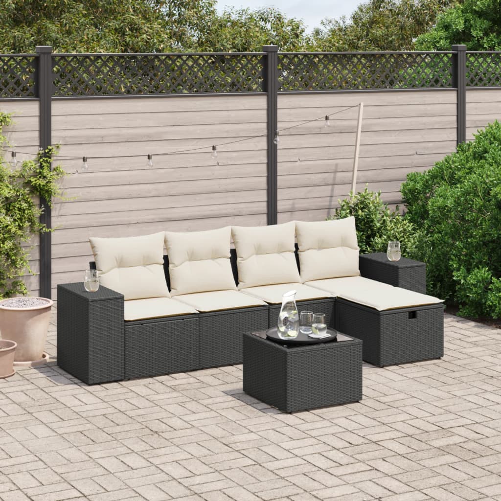 6-delige Loungeset met kussens poly rattan zwart Tuinsets | Creëer jouw Trendy Thuis | Gratis bezorgd & Retour | Trendy.nl