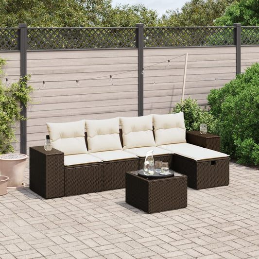 6-delige Loungeset met kussens poly rattan bruin