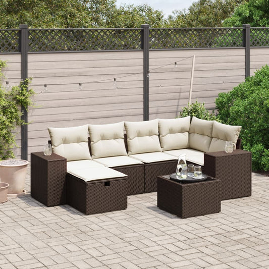 7-delige Loungeset met kussens poly rattan bruin