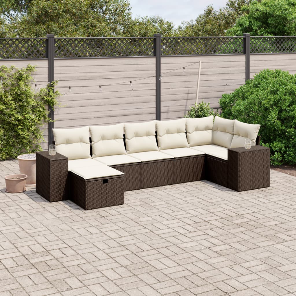 7-delige Loungeset met kussens poly rattan bruin