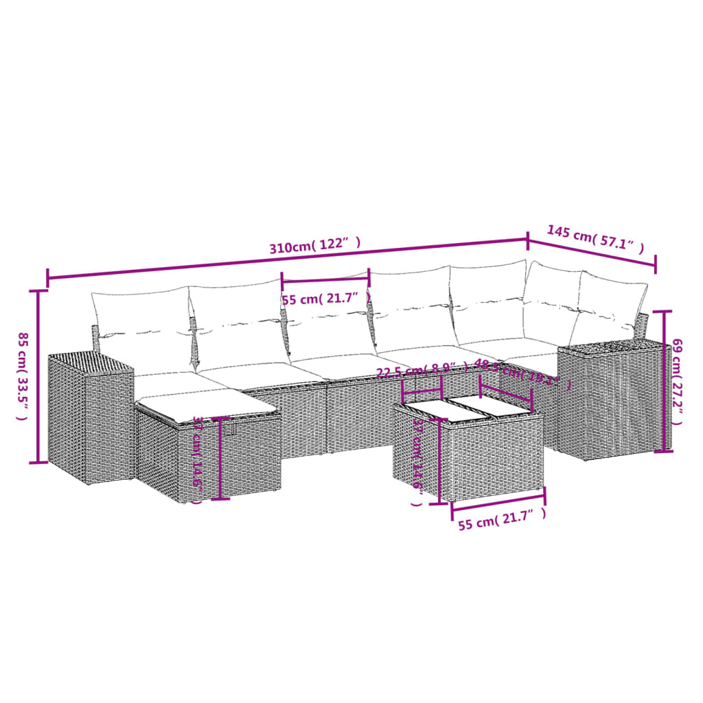 8-delige Loungeset met kussens poly rattan bruin