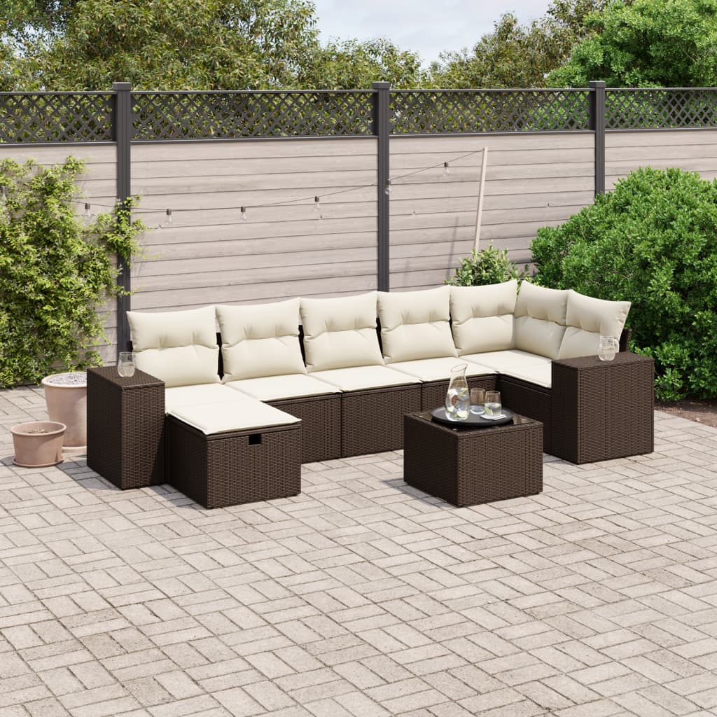 8-delige Loungeset met kussens poly rattan bruin