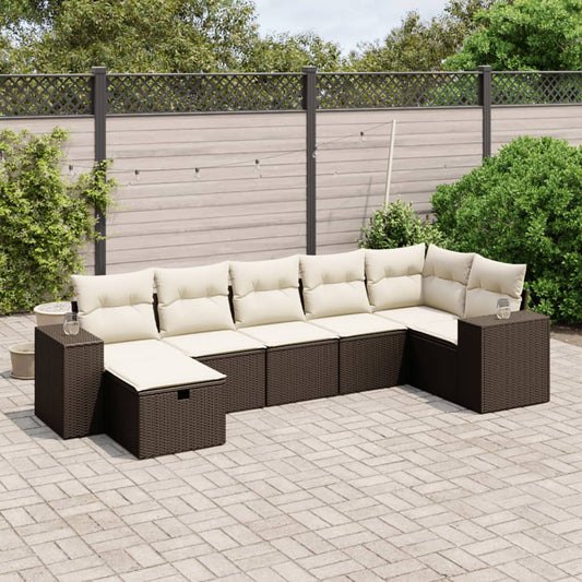 7-delige Loungeset met kussens poly rattan bruin