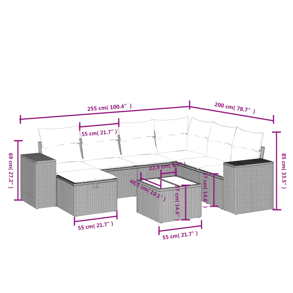 8-delige Loungeset met kussens poly rattan bruin