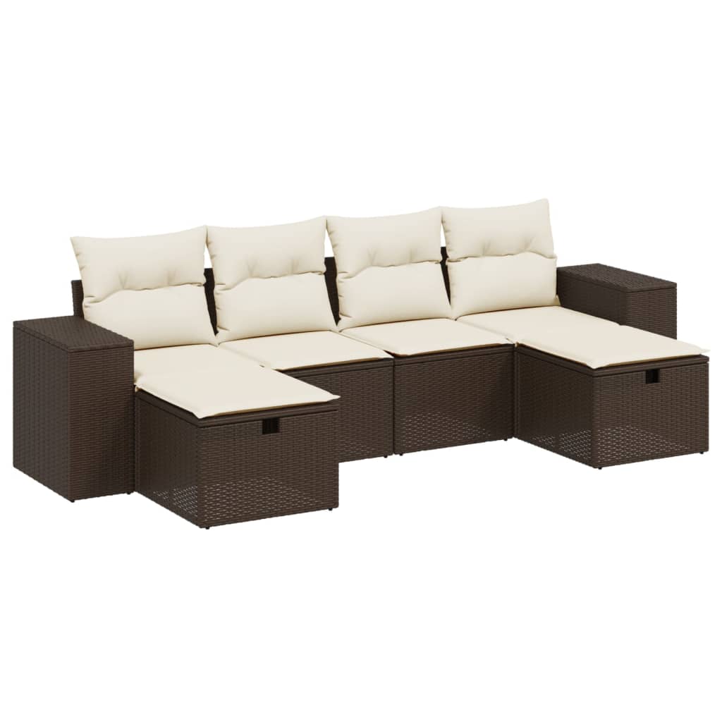 6-delige Loungeset met kussens poly rattan bruin