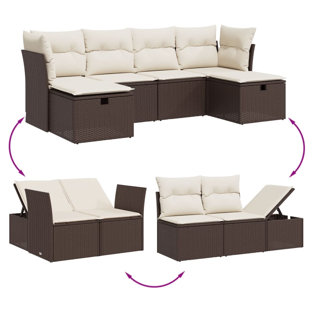 6-delige Loungeset met kussens poly rattan bruin