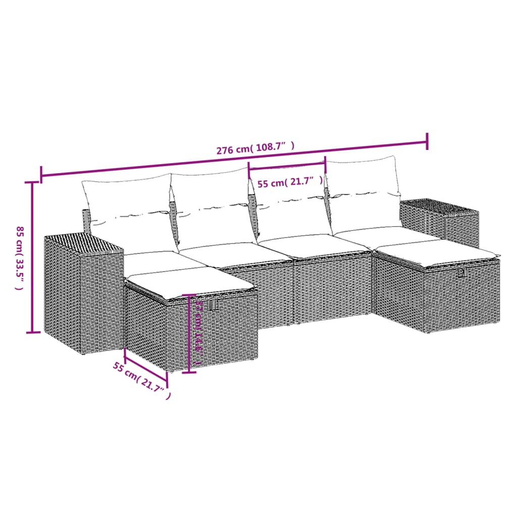 6-delige Loungeset met kussens poly rattan bruin