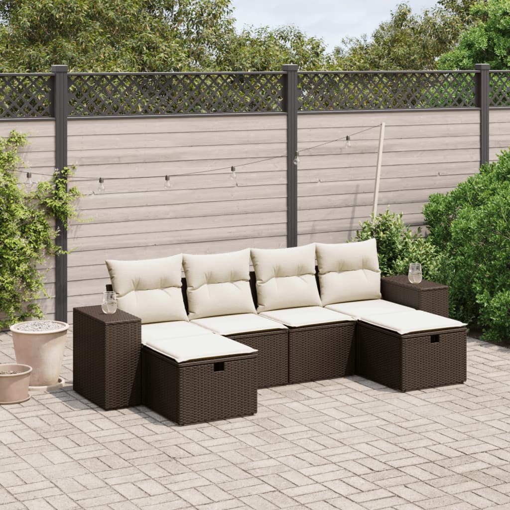 6-delige Loungeset met kussens poly rattan bruin