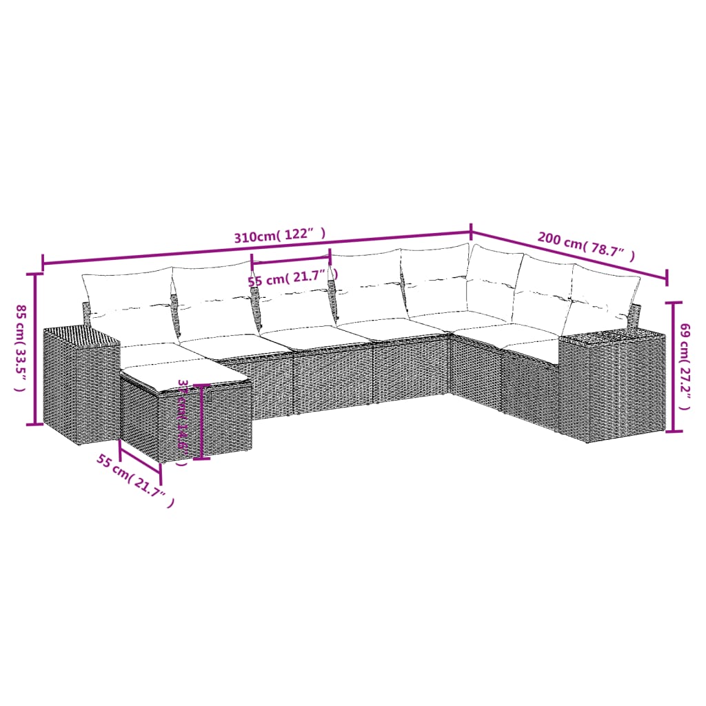 8-delige Loungeset met kussens poly rattan bruin