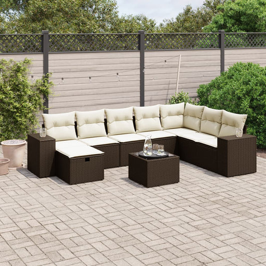 9-delige Loungeset met kussens poly rattan bruin