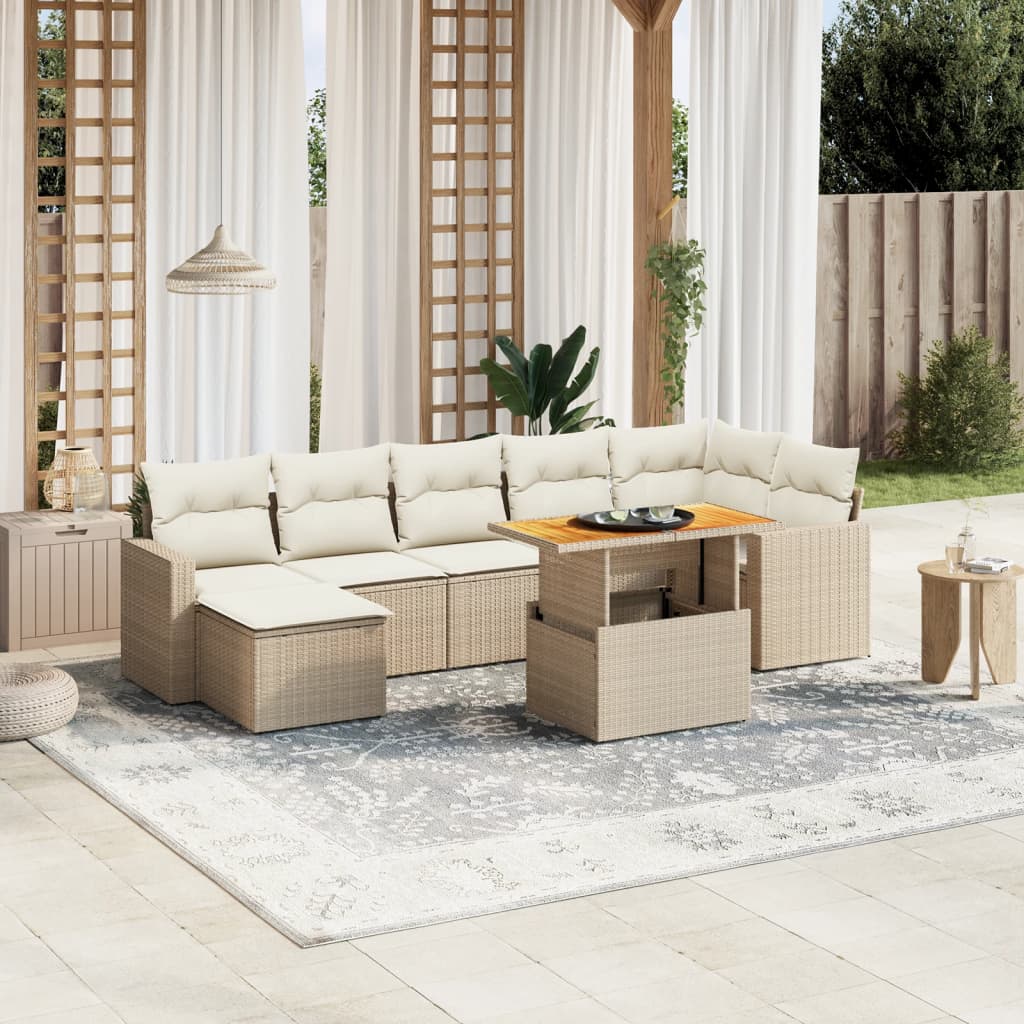 8-delige Loungeset met kussens poly rattan beige