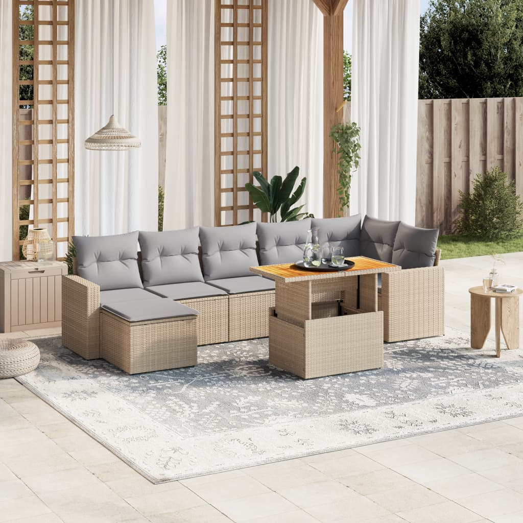 8-delige Loungeset met kussens poly rattan gemengd beige