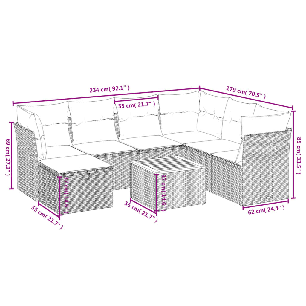 8-delige Loungeset met kussens poly rattan gemengd beige