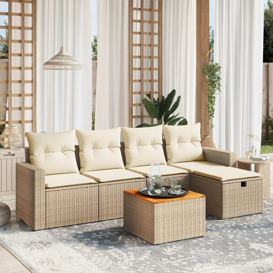 6-delige Loungeset met kussens poly rattan beige