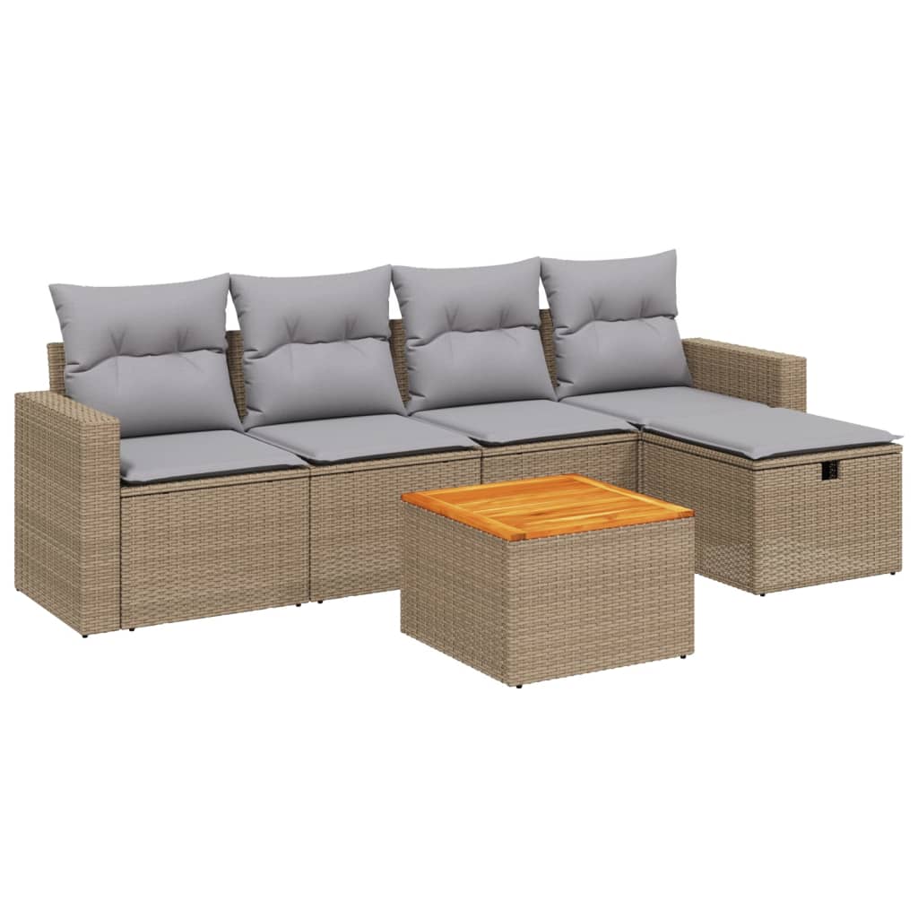 6-delige Loungeset met kussens poly rattan gemengd beige