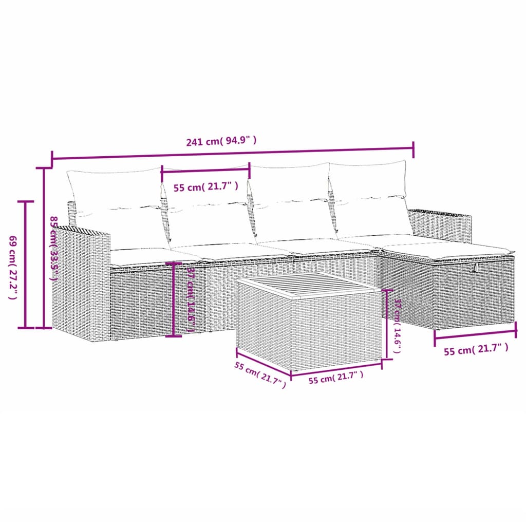 6-delige Loungeset met kussens poly rattan gemengd beige