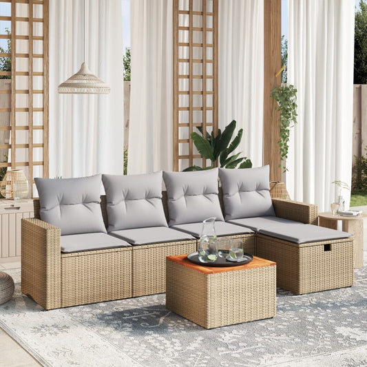 6-delige Loungeset met kussens poly rattan gemengd beige