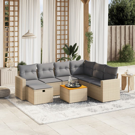 8-delige Loungeset met kussens poly rattan gemengd beige