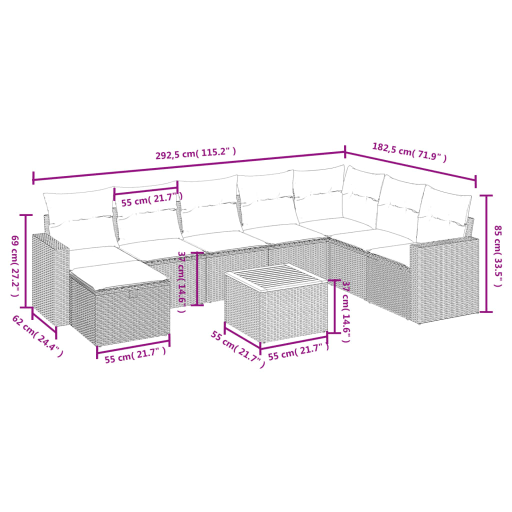 9-delige Loungeset met kussens poly rattan gemengd beige