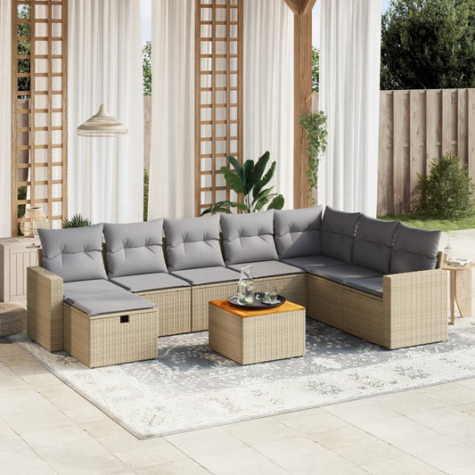 9-delige Loungeset met kussens poly rattan gemengd beige