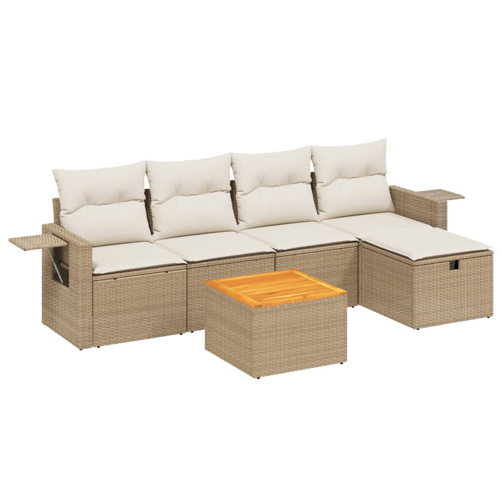 6-delige Loungeset met kussens poly rattan beige