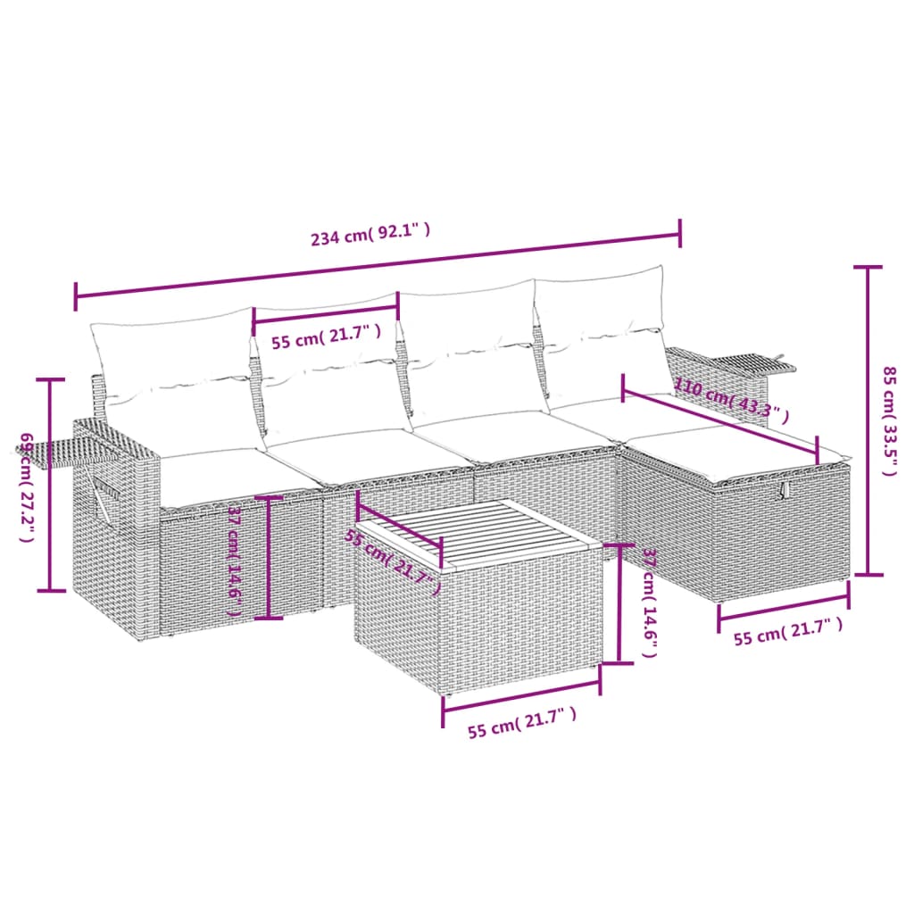 6-delige Loungeset met kussens poly rattan beige