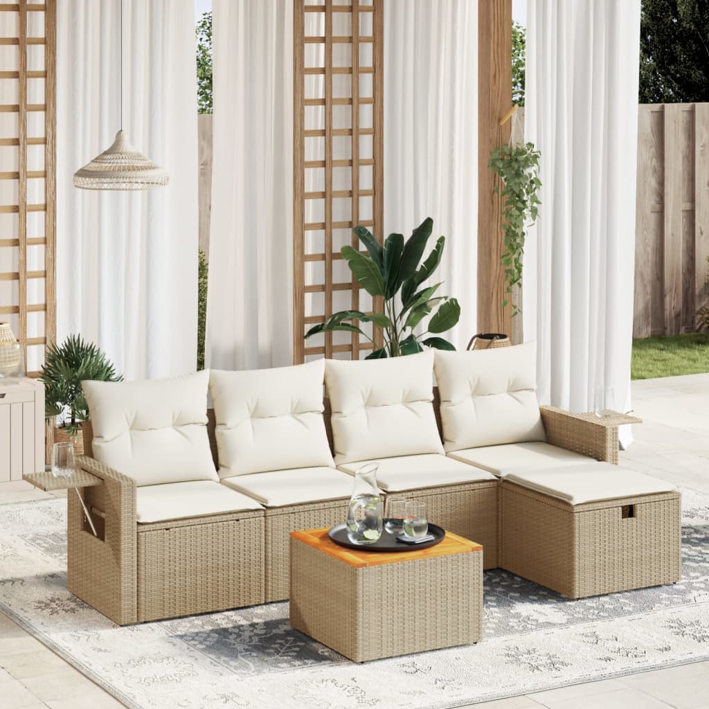 6-delige Loungeset met kussens poly rattan beige