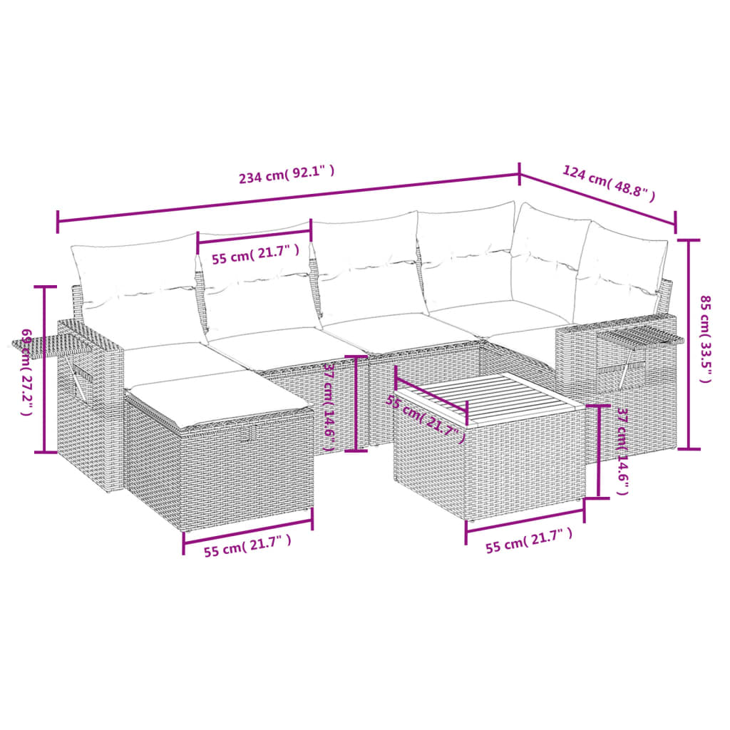 7-delige Loungeset met kussens poly rattan gemengd beige