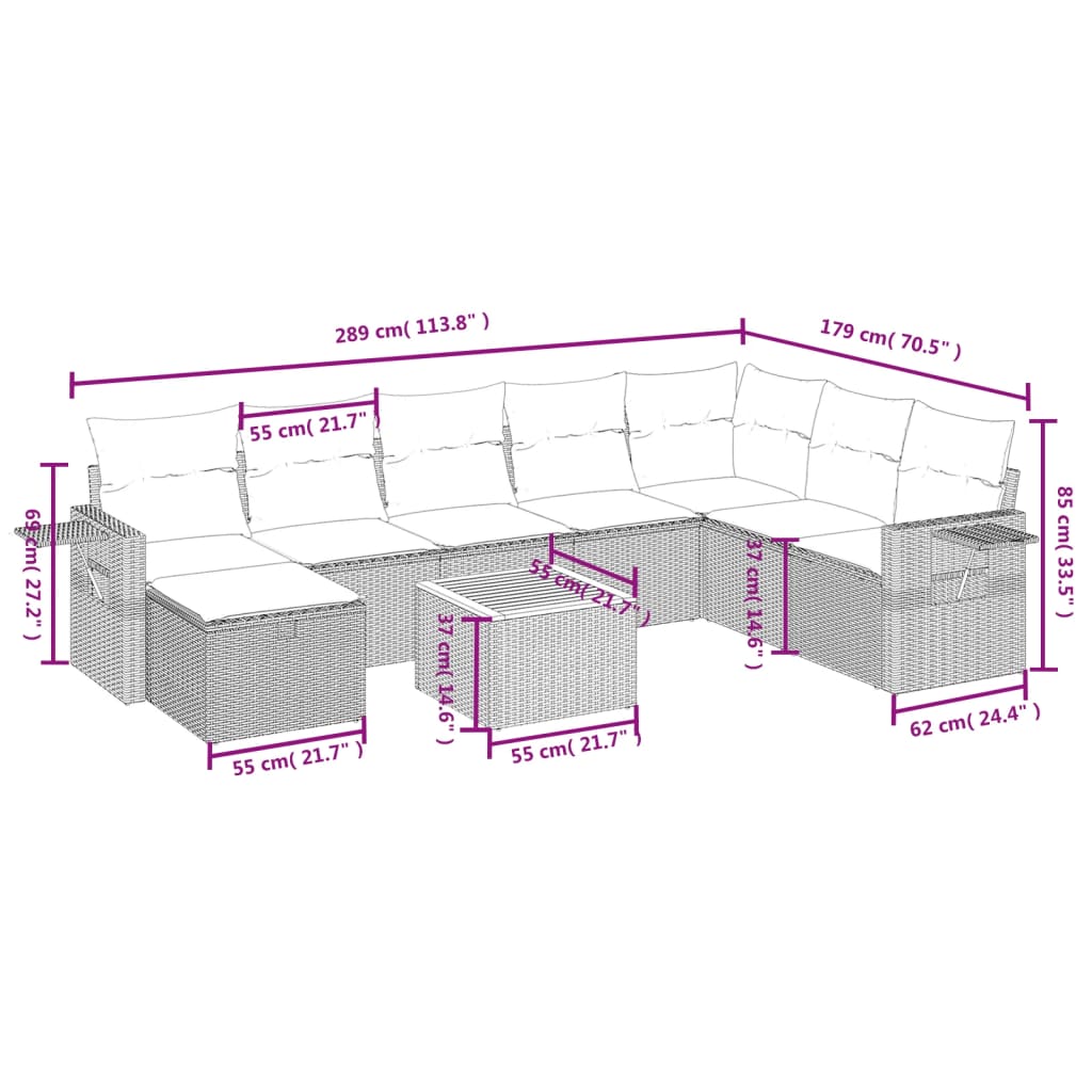 9-delige Loungeset met kussens poly rattan gemengd beige