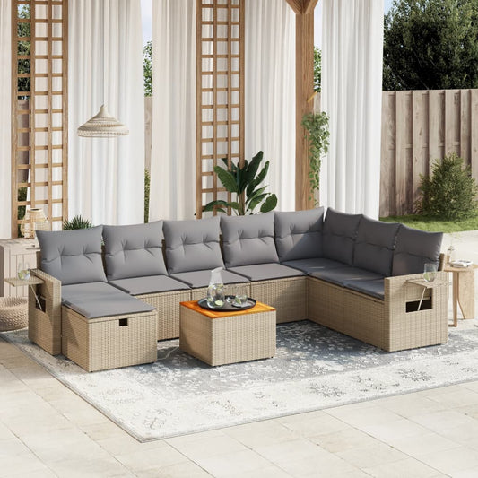 9-delige Loungeset met kussens poly rattan gemengd beige