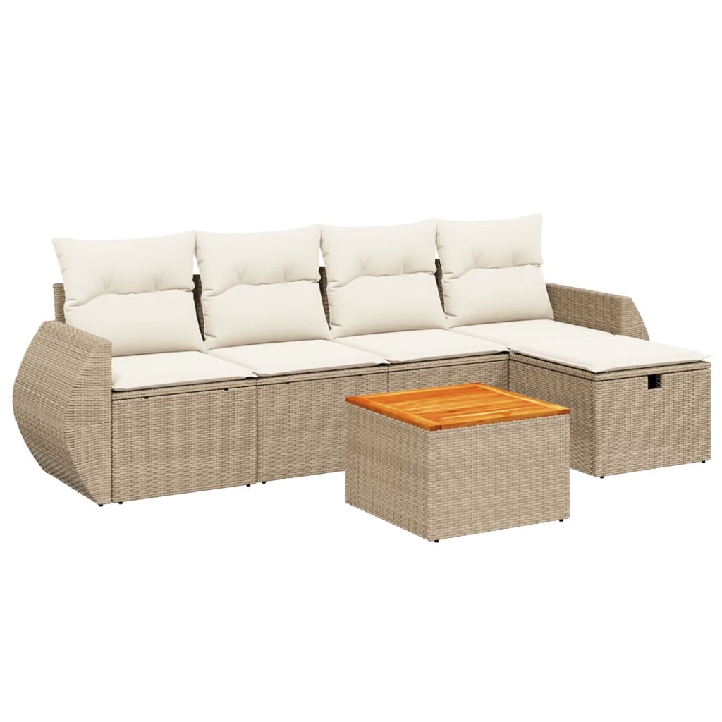 6-delige Loungeset met kussens poly rattan beige