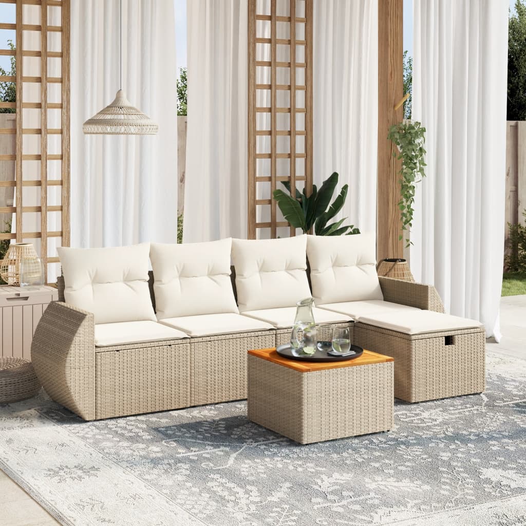 6-delige Loungeset met kussens poly rattan beige