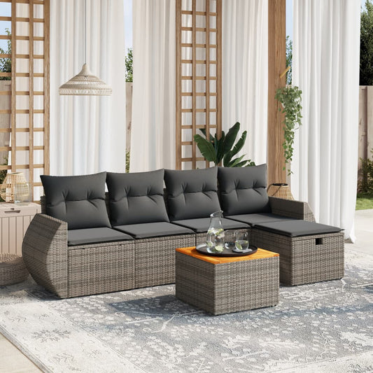 6-delige Loungeset met kussens poly rattan grijs