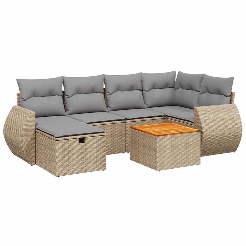 7-delige Loungeset met kussens poly rattan gemengd beige