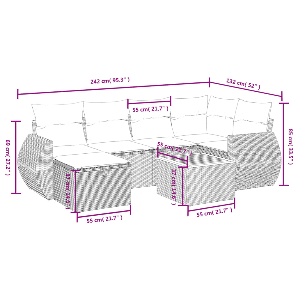 7-delige Loungeset met kussens poly rattan gemengd beige