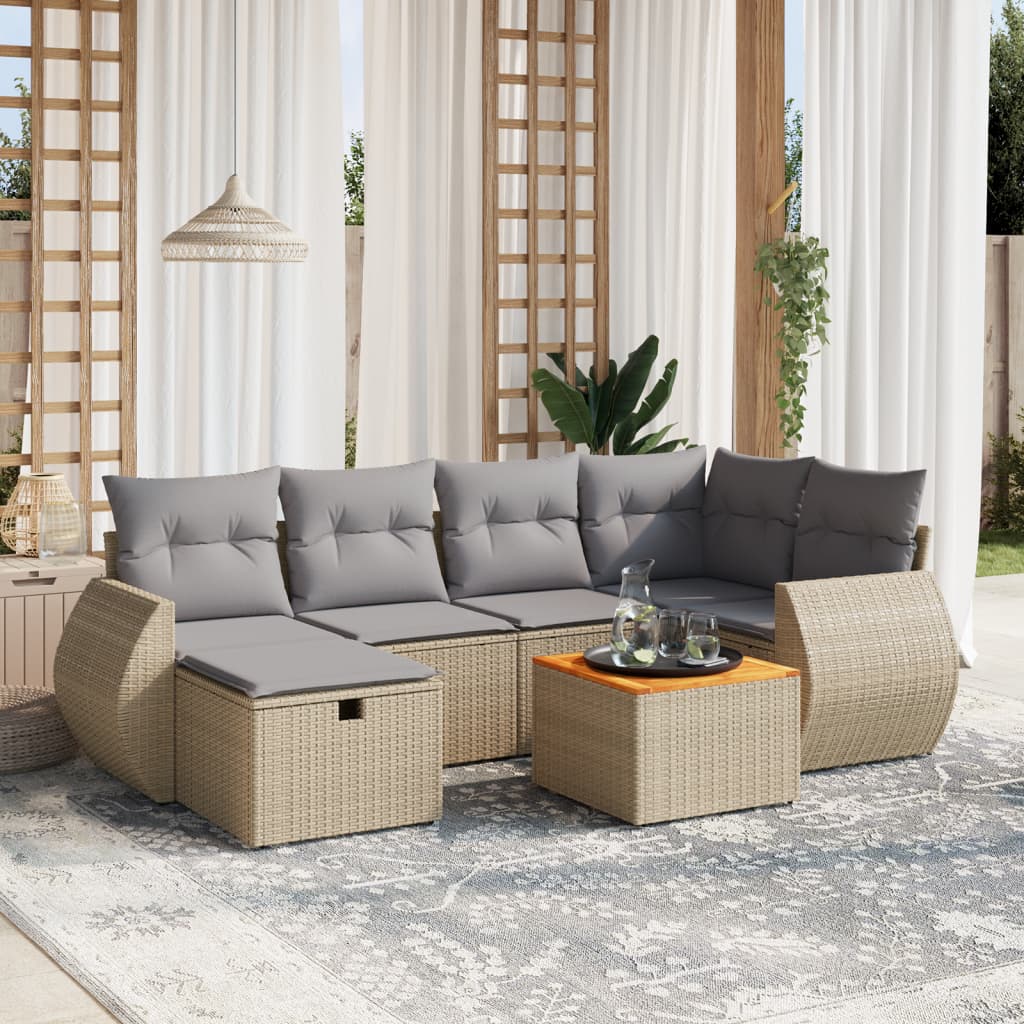 7-delige Loungeset met kussens poly rattan gemengd beige