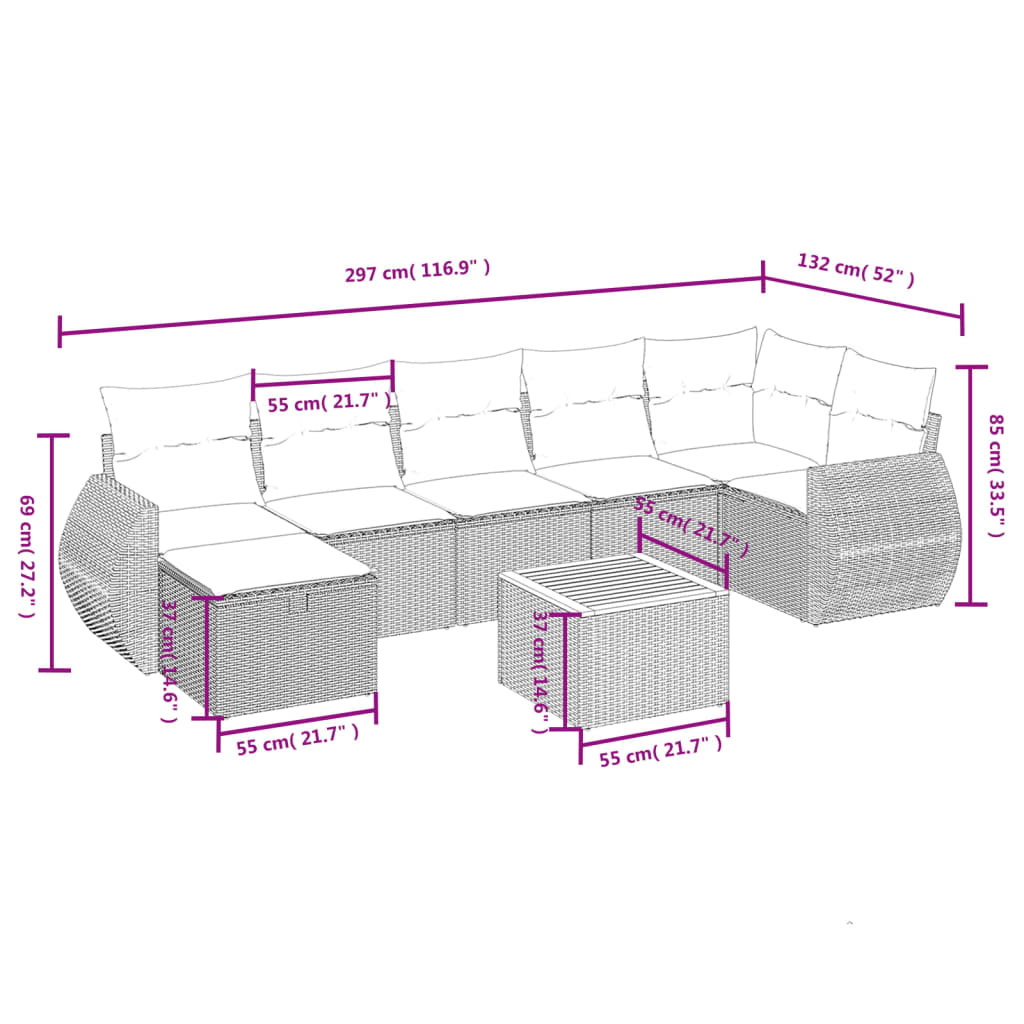 8-delige Loungeset met kussens poly rattan beige