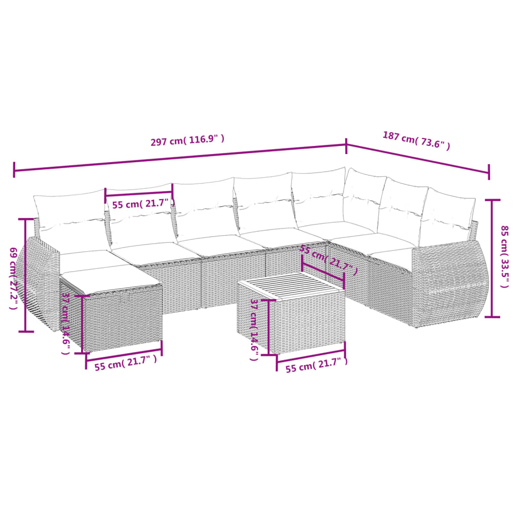 9-delige Loungeset met kussens poly rattan gemengd beige