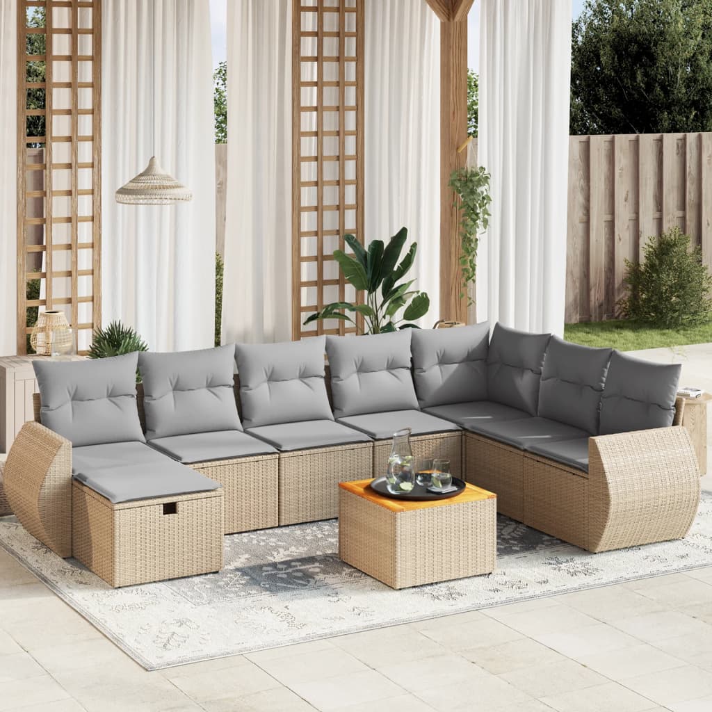 9-delige Loungeset met kussens poly rattan gemengd beige