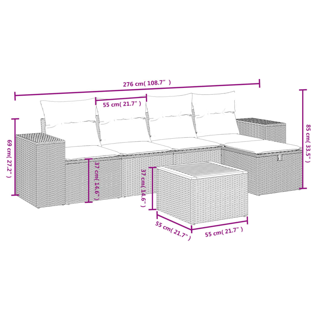 6-delige Loungeset met kussens poly rattan gemengd beige