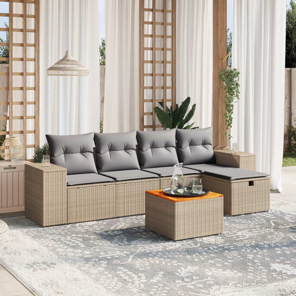 6-delige Loungeset met kussens poly rattan gemengd beige