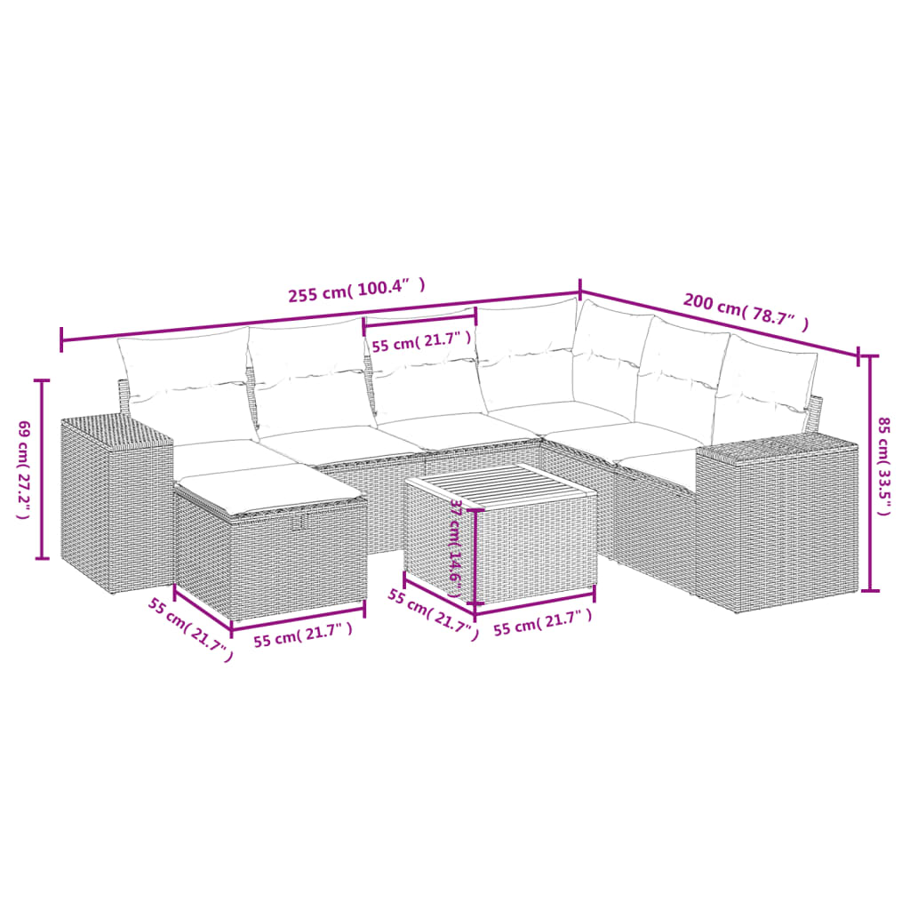 8-delige Loungeset met kussens poly rattan gemengd beige